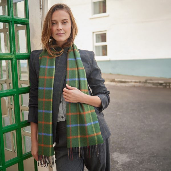 Merino Wool Scarf in  Green, Orange, Blue Check