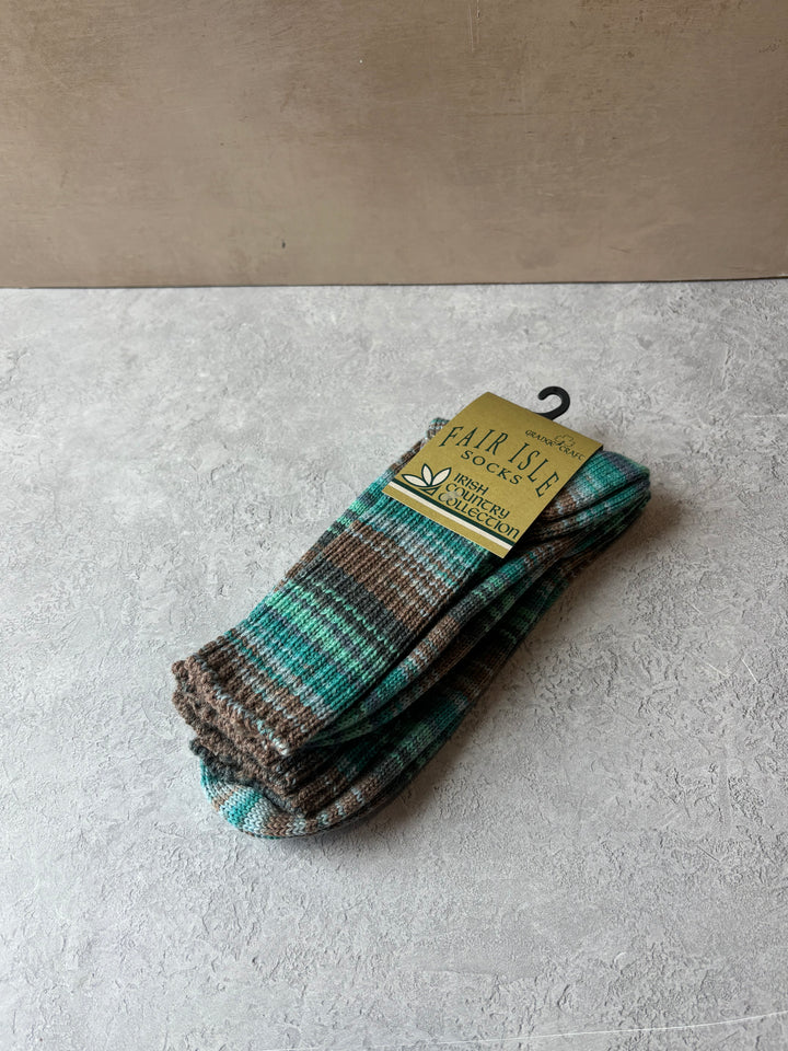 Fair Isle Socks Blue,Brown & Green Size Medium