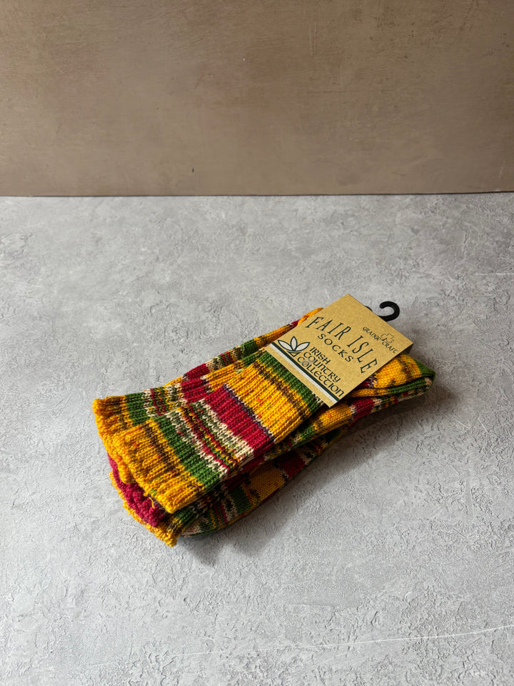 Fair Isle Socks Yellow,Red & Green Size Lrg