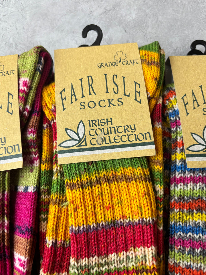 Fair Isle Socks Yellow,Red & Green Size Medium