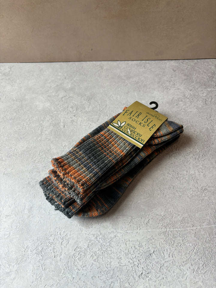 Fair Isle Socks Grey & Orange Size Large