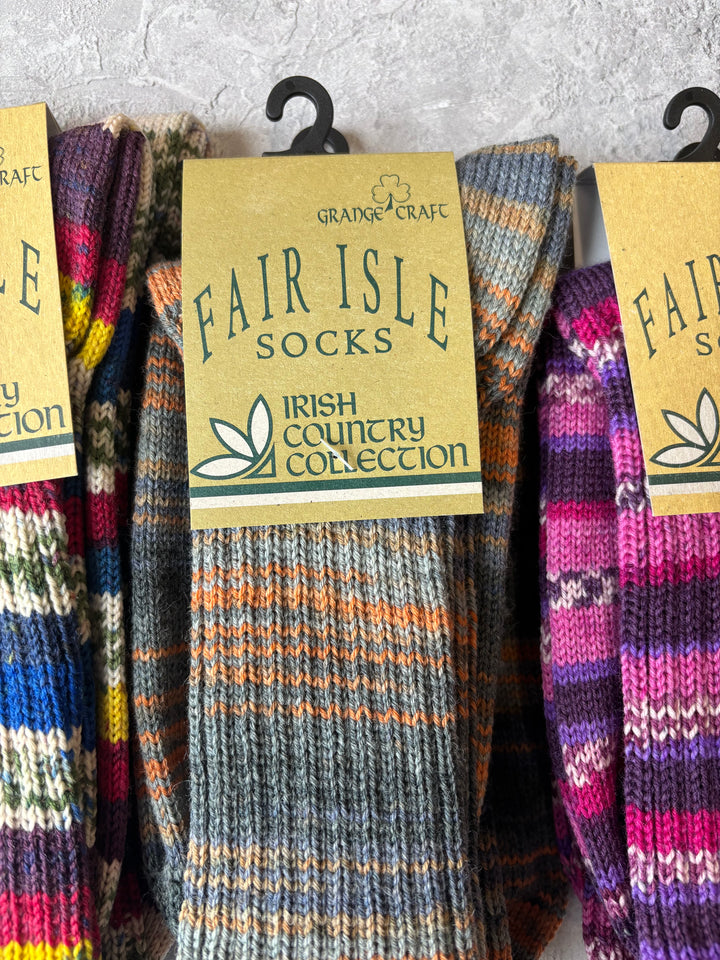 Fair Isle Socks Grey & Orange Size Large