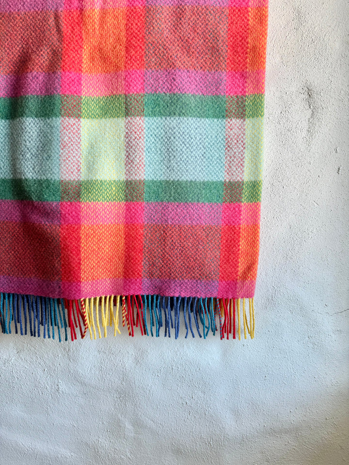 Merino Cashmere Throw in Bright Yellow Pink & Green Check