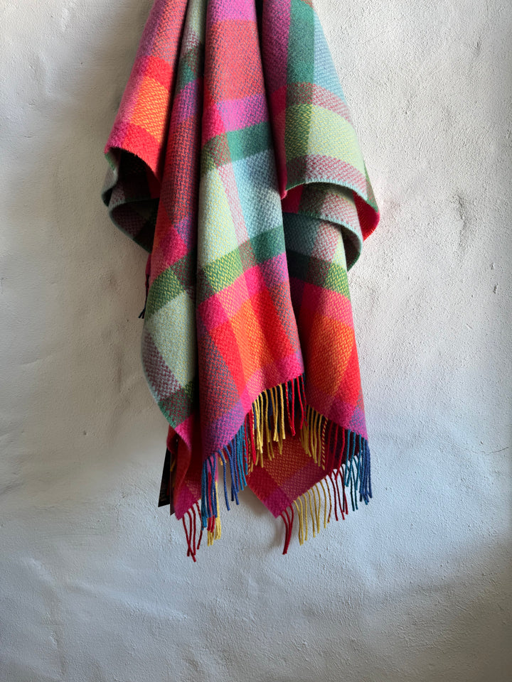 Merino Cashmere Throw in Bright Yellow Pink & Green Check