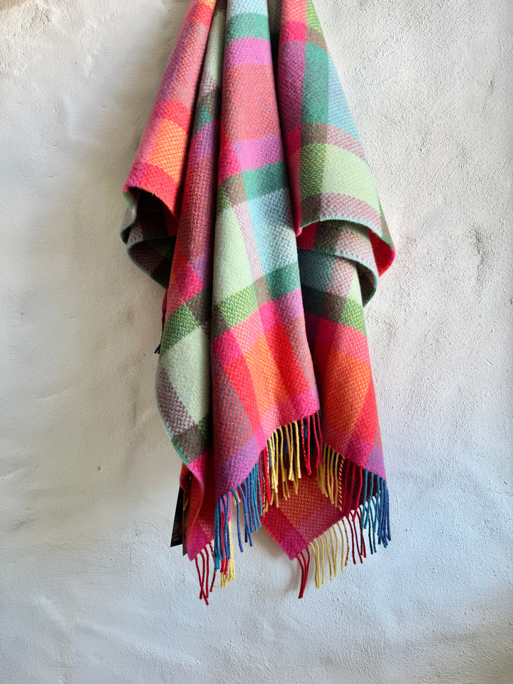 Merino Cashmere Throw in Bright Yellow Pink & Green Check