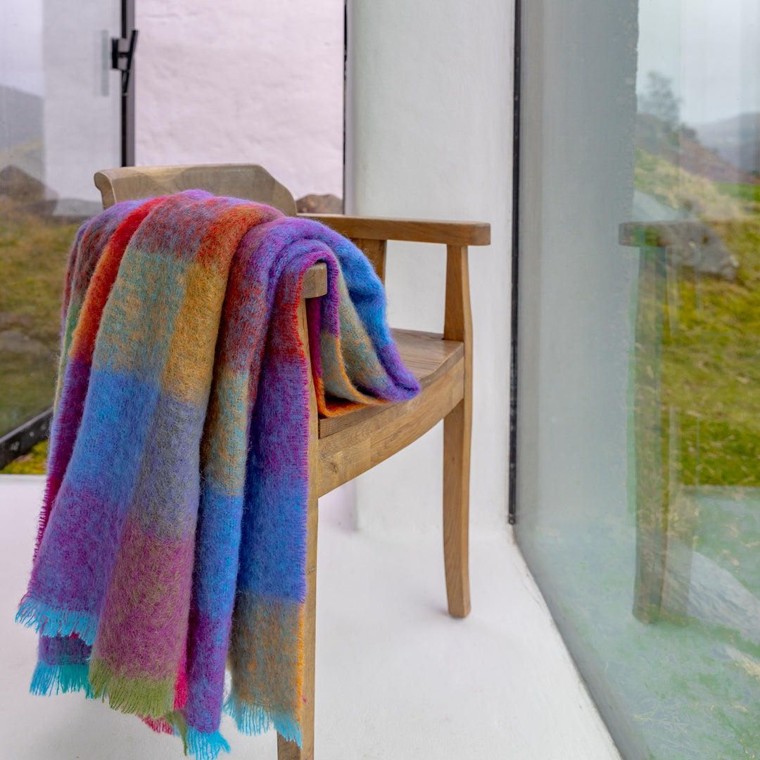 Mohair Throw in Bright Pink, Purple & Aqua Block Check