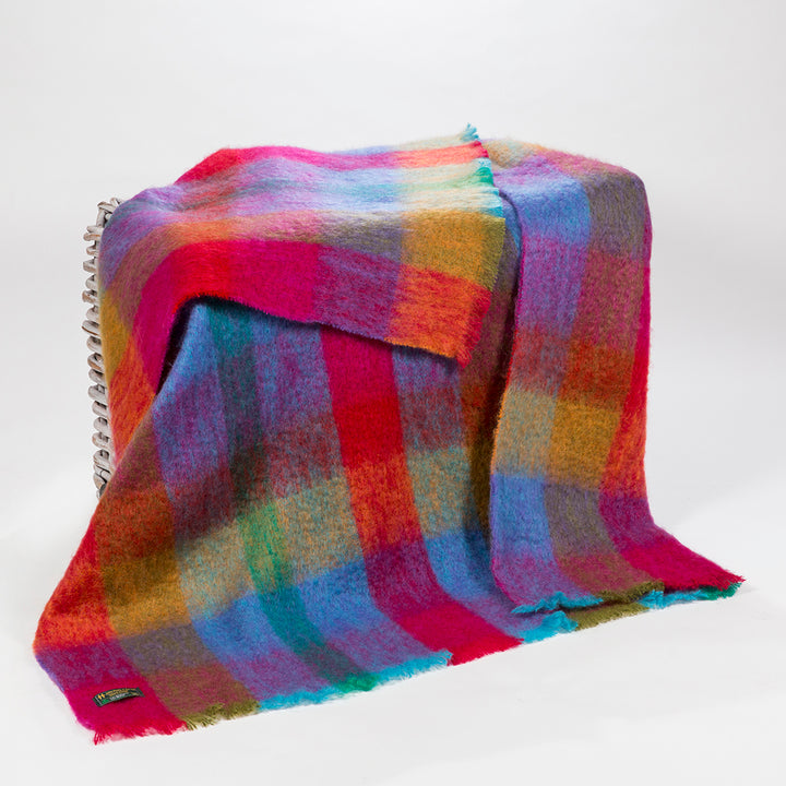 Mohair Throw in Bright Pink, Purple & Aqua Block Check