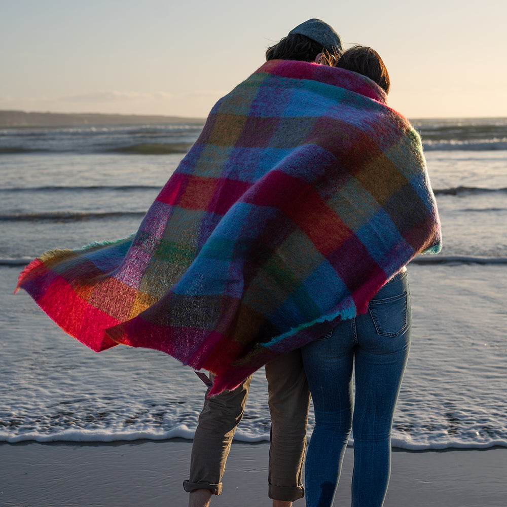 Mohair Throw in Bright Pink, Purple & Aqua Block Check