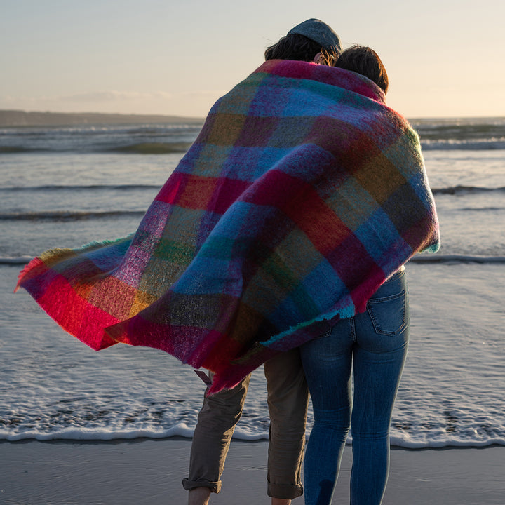 Mohair Throw in Bright Pink, Purple & Aqua Block Check