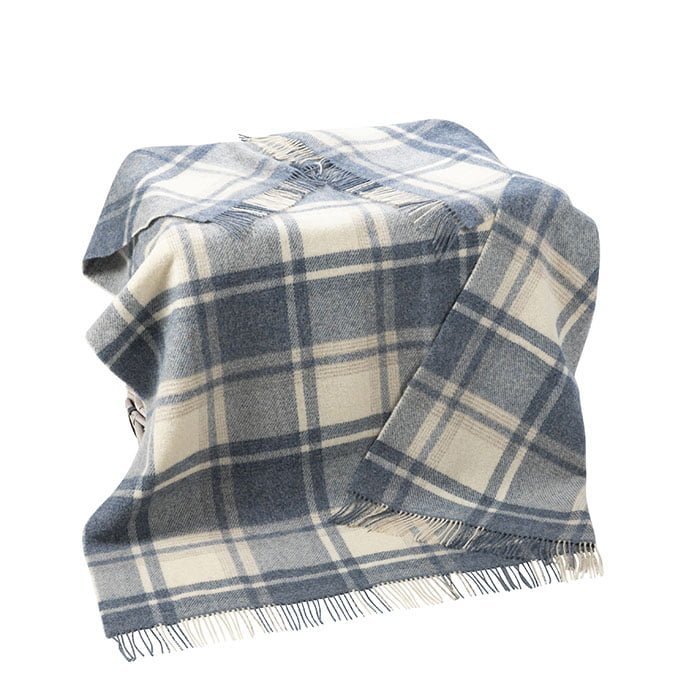 Large Wool Blanket Throw  in Natural, Denim Plaid
