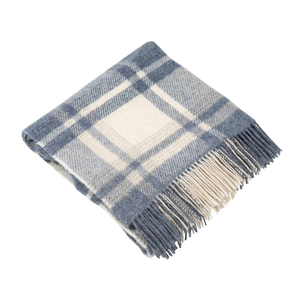 Large Wool Blanket Throw  in Natural, Denim Plaid