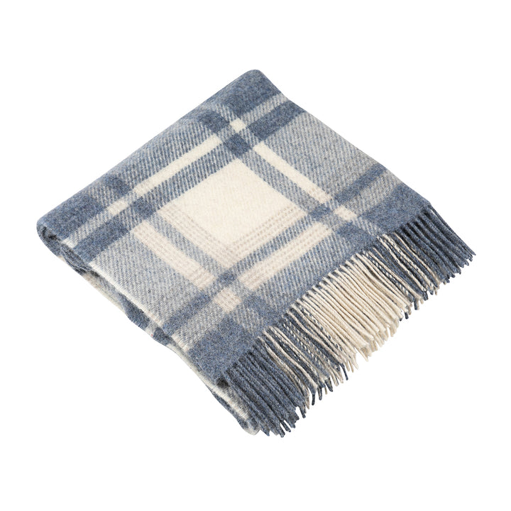 Large Wool Blanket Throw  in Natural, Denim Plaid