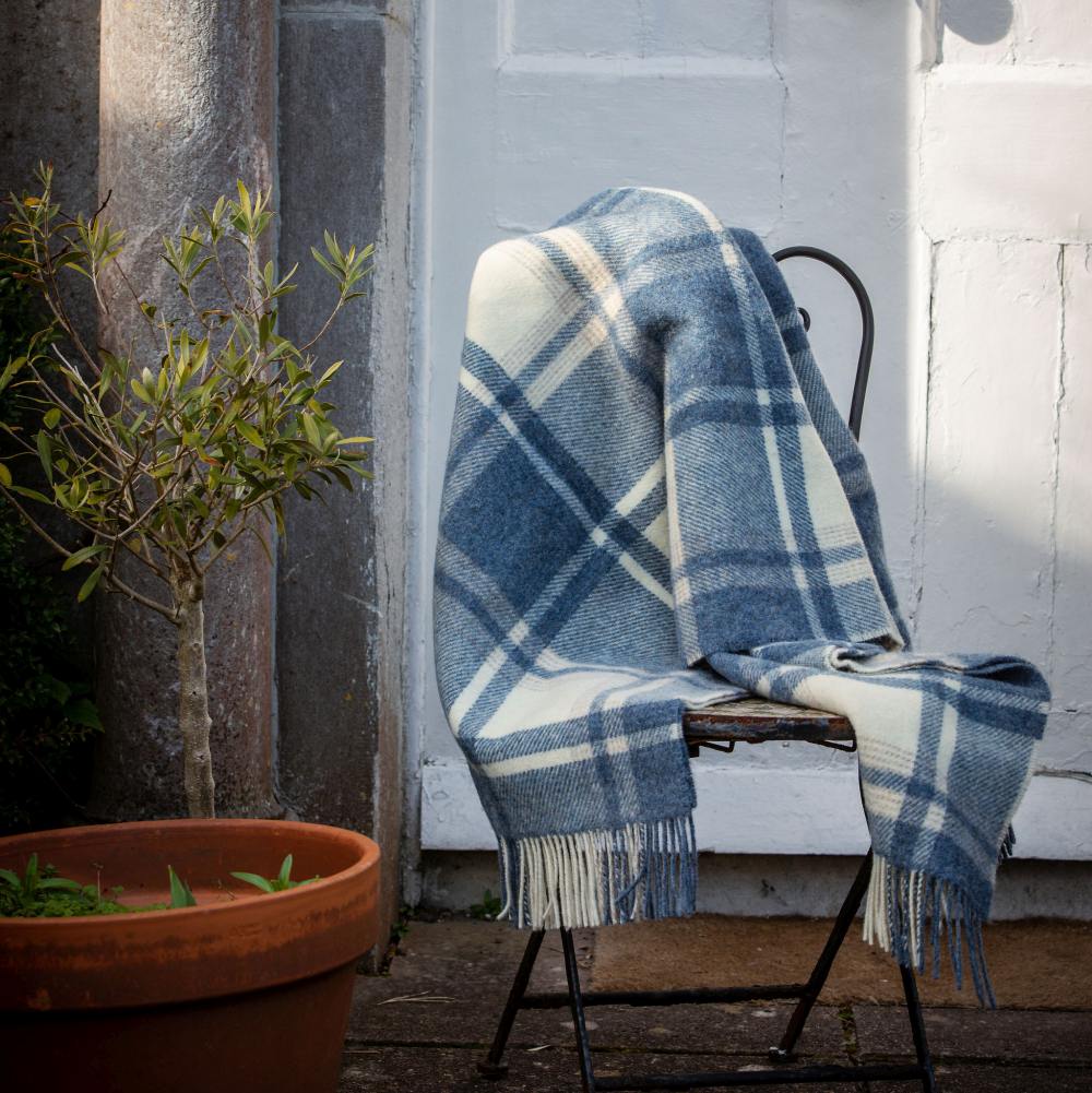 Large Wool Blanket Throw  in Natural, Denim Plaid