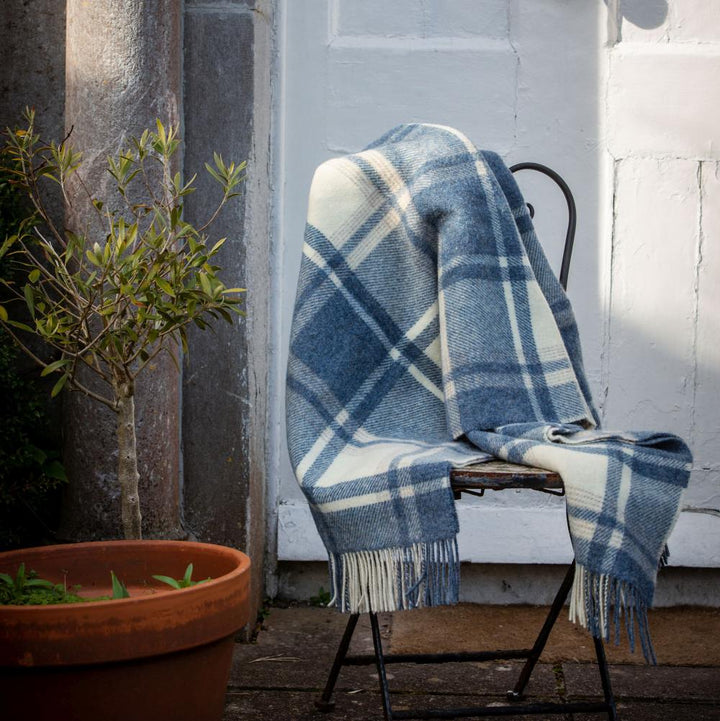 Large Wool Blanket Throw  in Natural, Denim Plaid