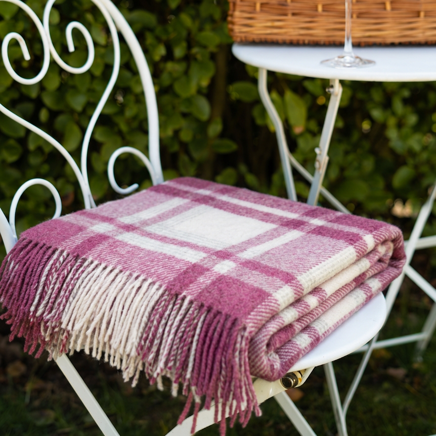 Large Wool Blanket Throw in Natural, Pink Plaid
