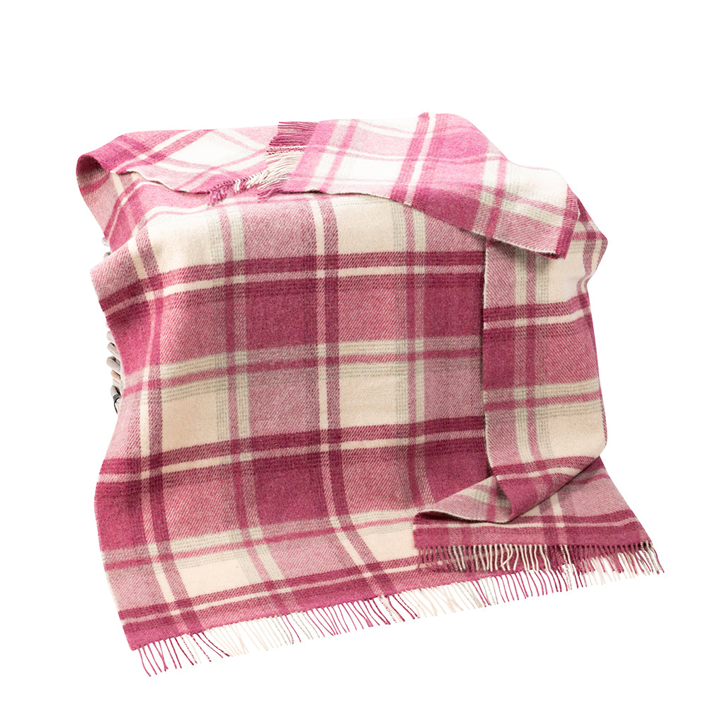 Large Wool Blanket Throw in Natural, Pink Plaid