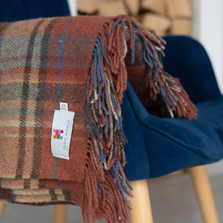 Large Irish Picnic Blanket Brown Orange and Blue Plaid