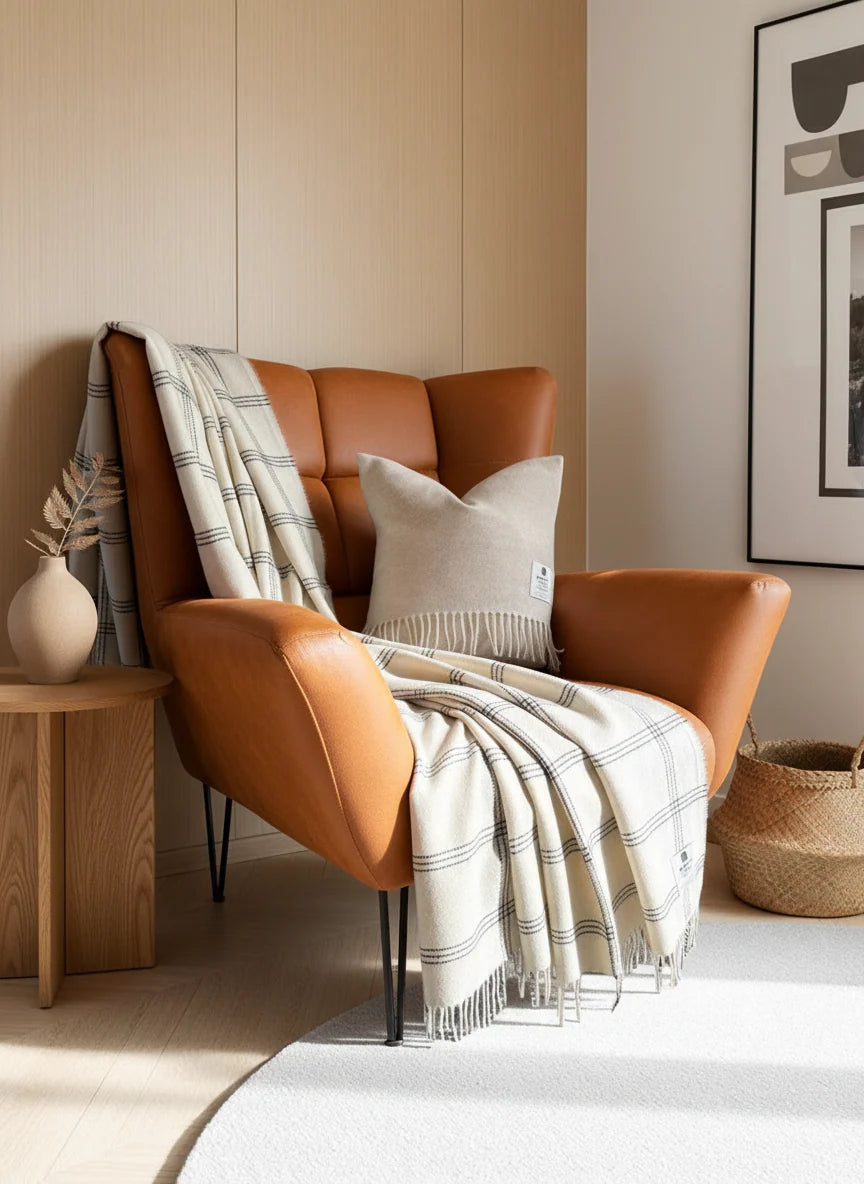 Alpaca Throw in White Pearl Windowpane