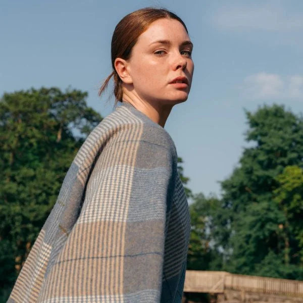 Lambswool Cape in Cream, Taupe, Denim Check