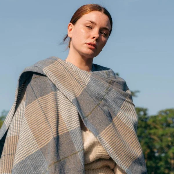 Lambswool Cape in Cream, Taupe, Denim Check