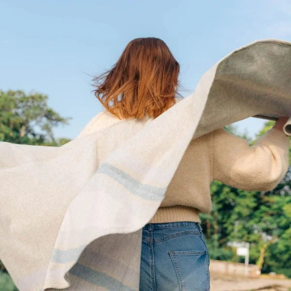 Lambswool Cape in Pale Grey With Pale Blue Stripe