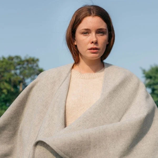 Lambswool Cape in Pale Grey With Pale Blue Stripe