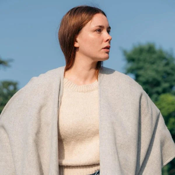 Lambswool Cape in Pale Grey With Pale Blue Stripe