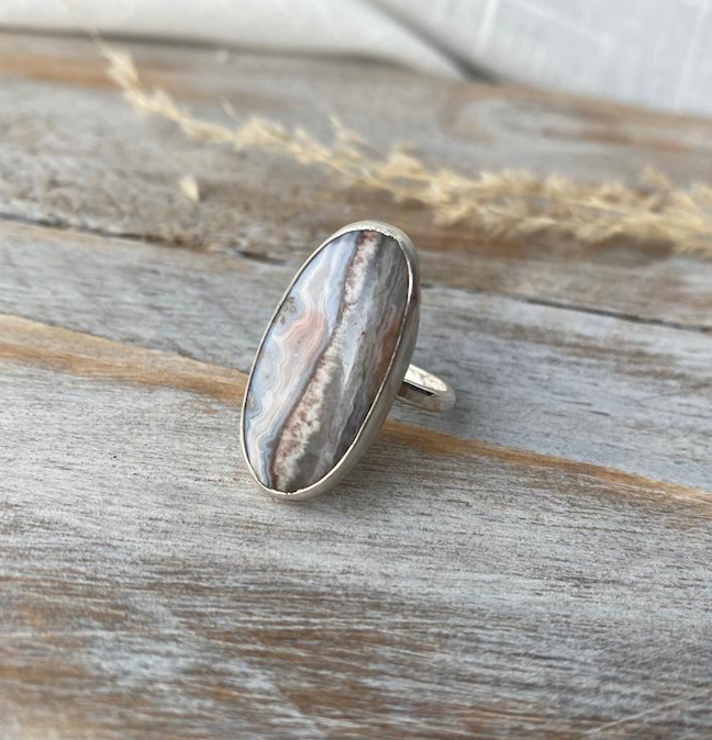 Hammered Silver Agate Ring