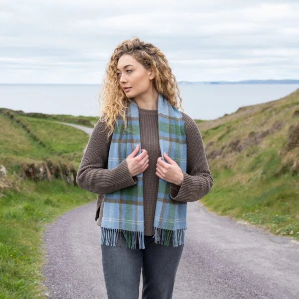 Lambswool Scarf in Light Blue Green Check