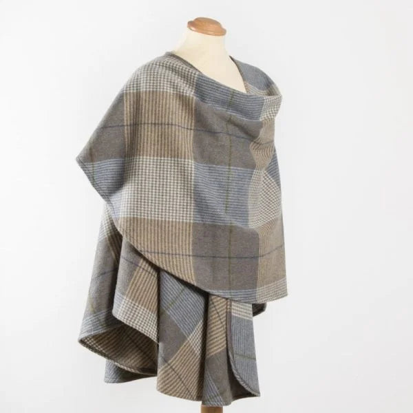 Lambswool Cape in Cream, Taupe, Denim Check