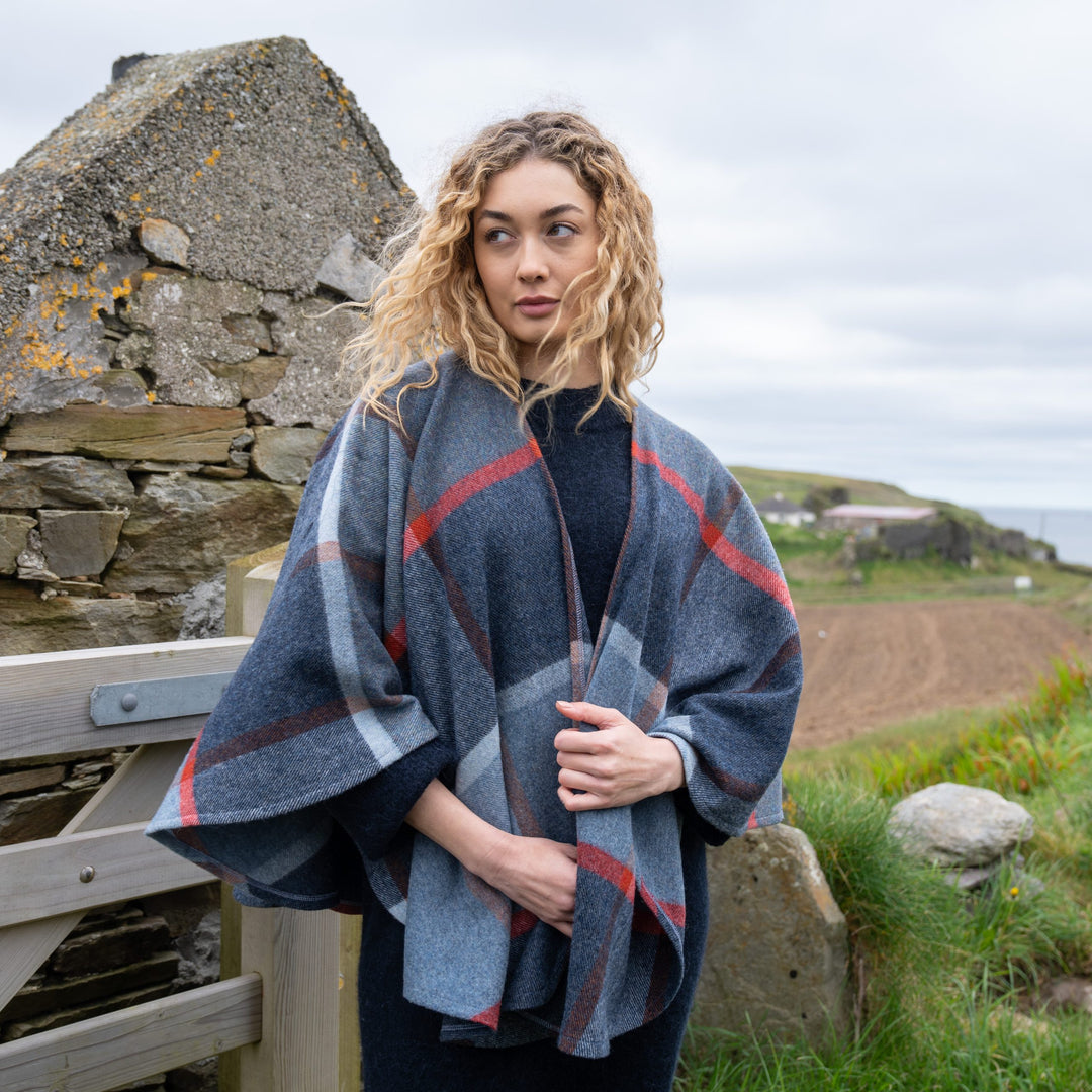 Lambswool Cape in Navy Rust Red Check