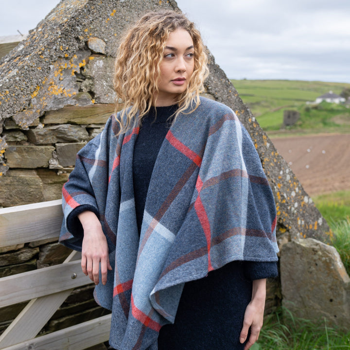 Lambswool Cape in Navy Rust Red Check