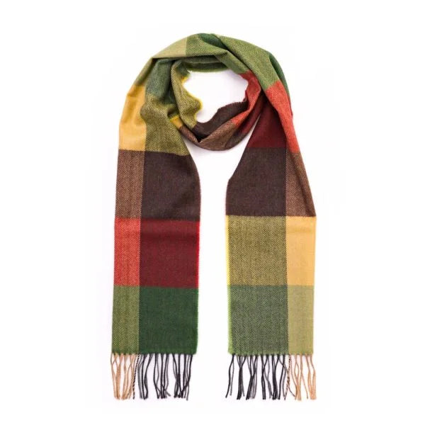 Merino Scarf in Yellow Green Brown Block Check