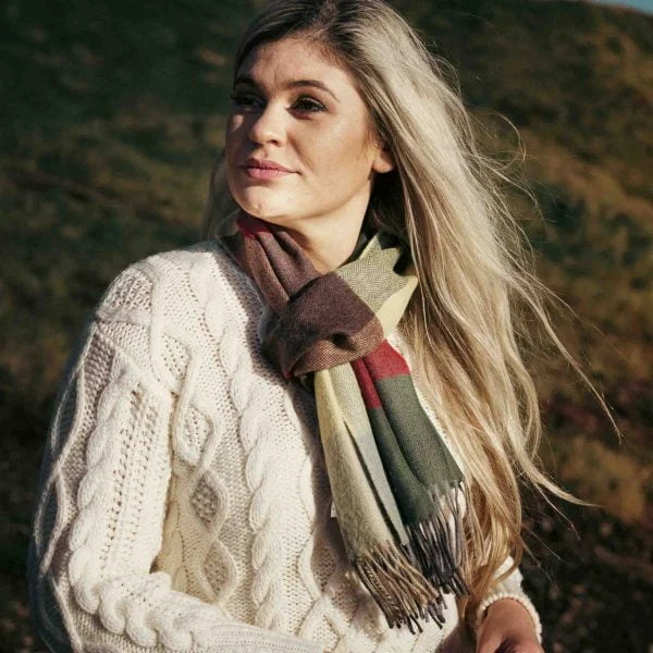 Merino Scarf in Yellow Green Brown Block Check