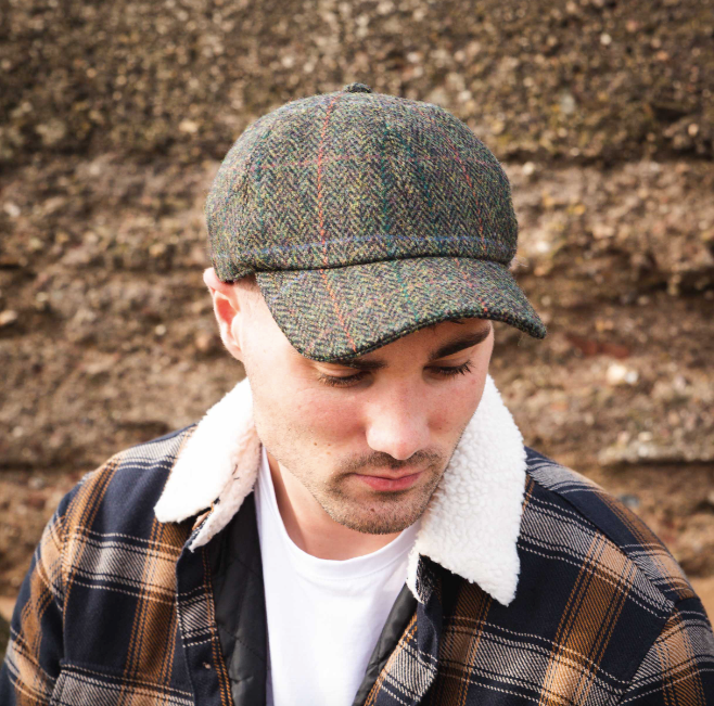 Tweed Baseball Cap with Ear Flap in Dark Green & Black Herringbone