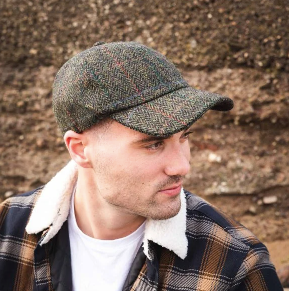 Tweed Baseball Cap with Ear Flap in Dark Green & Black Herringbone