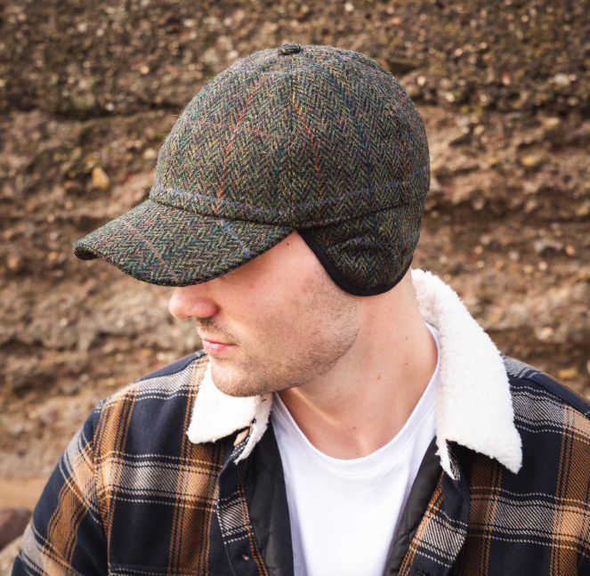 Tweed Baseball Cap with Ear Flap in Dark Green & Black Herringbone
