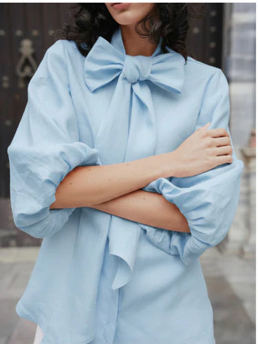 Roxanne - Irish Linen Blouse in Baby Blue