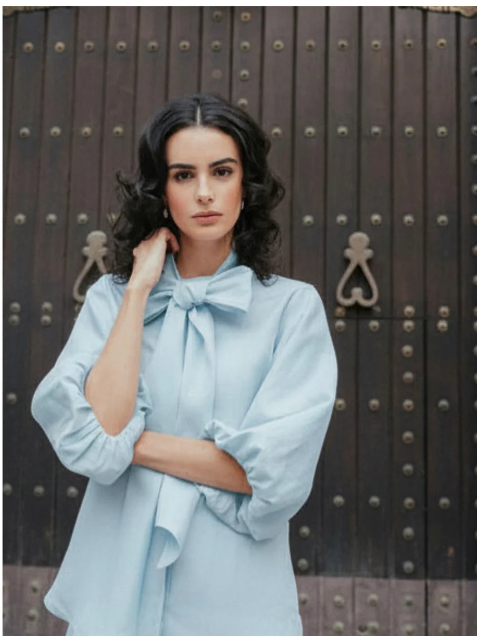 Roxanne - Irish Linen Blouse in Baby Blue