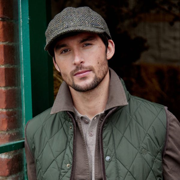 Tweed Baseball Cap with Ear Flap in Brown,Green Donegal Herringbone