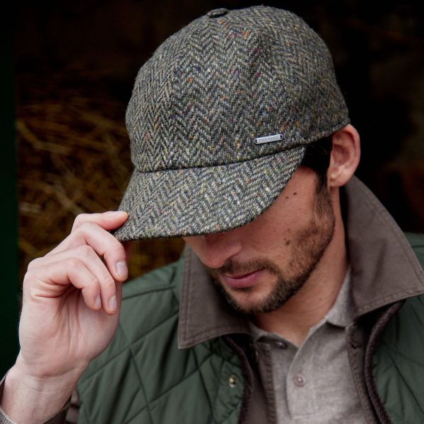 Tweed Baseball Cap with Ear Flap in Brown,Green Donegal Herringbone