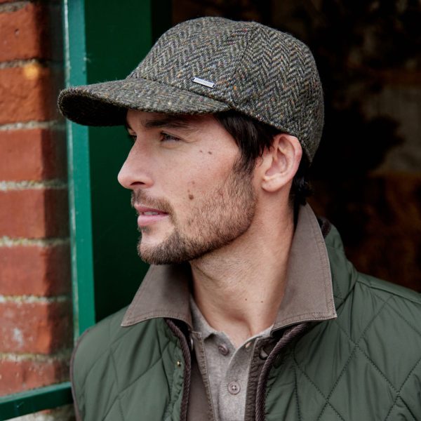 Tweed Baseball Cap with Ear Flap in Brown,Green Donegal Herringbone