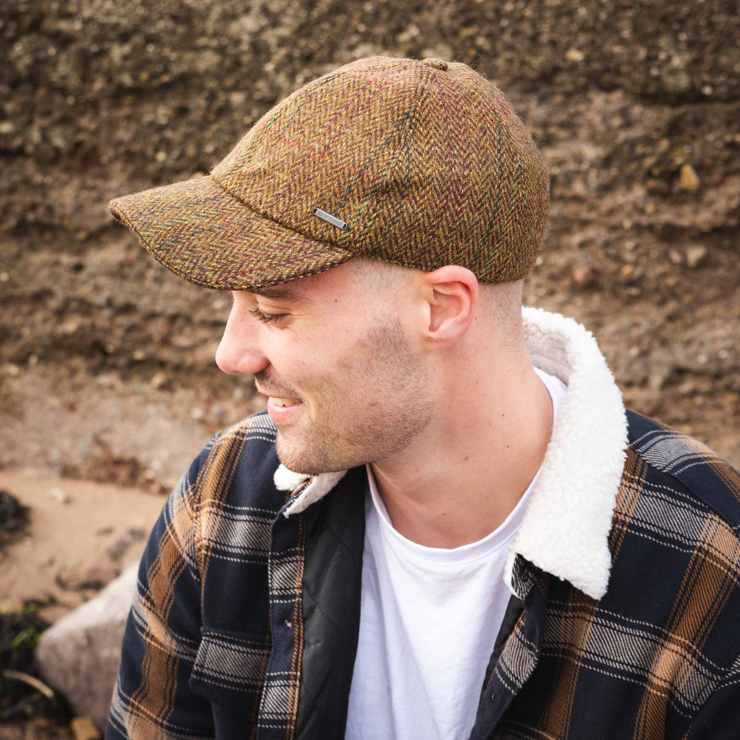Tweed Baseball Cap With Earflaps Tan in Brown Herringbone