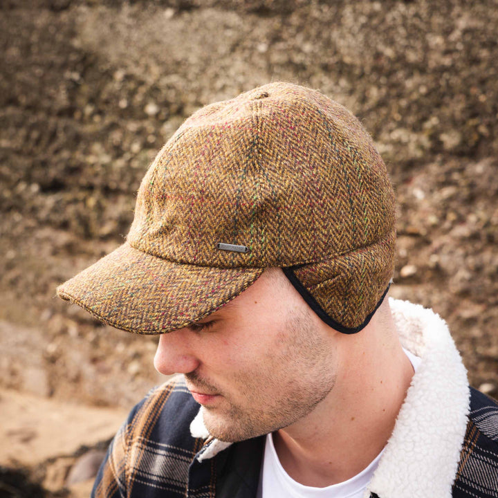 Tweed Baseball Cap With Earflaps Tan in Brown Herringbone