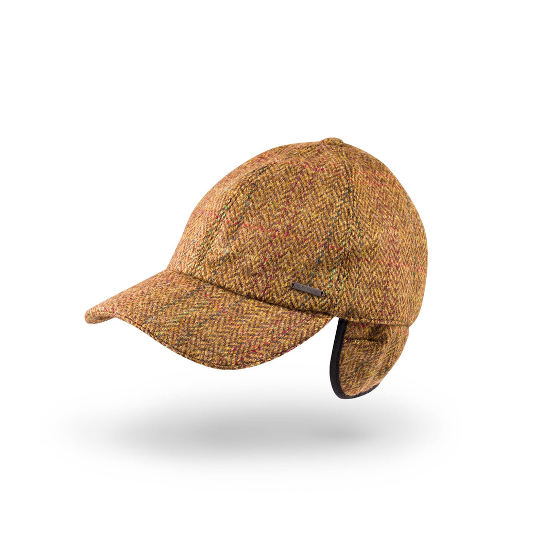 Tweed Baseball Cap With Earflaps Tan in Brown Herringbone
