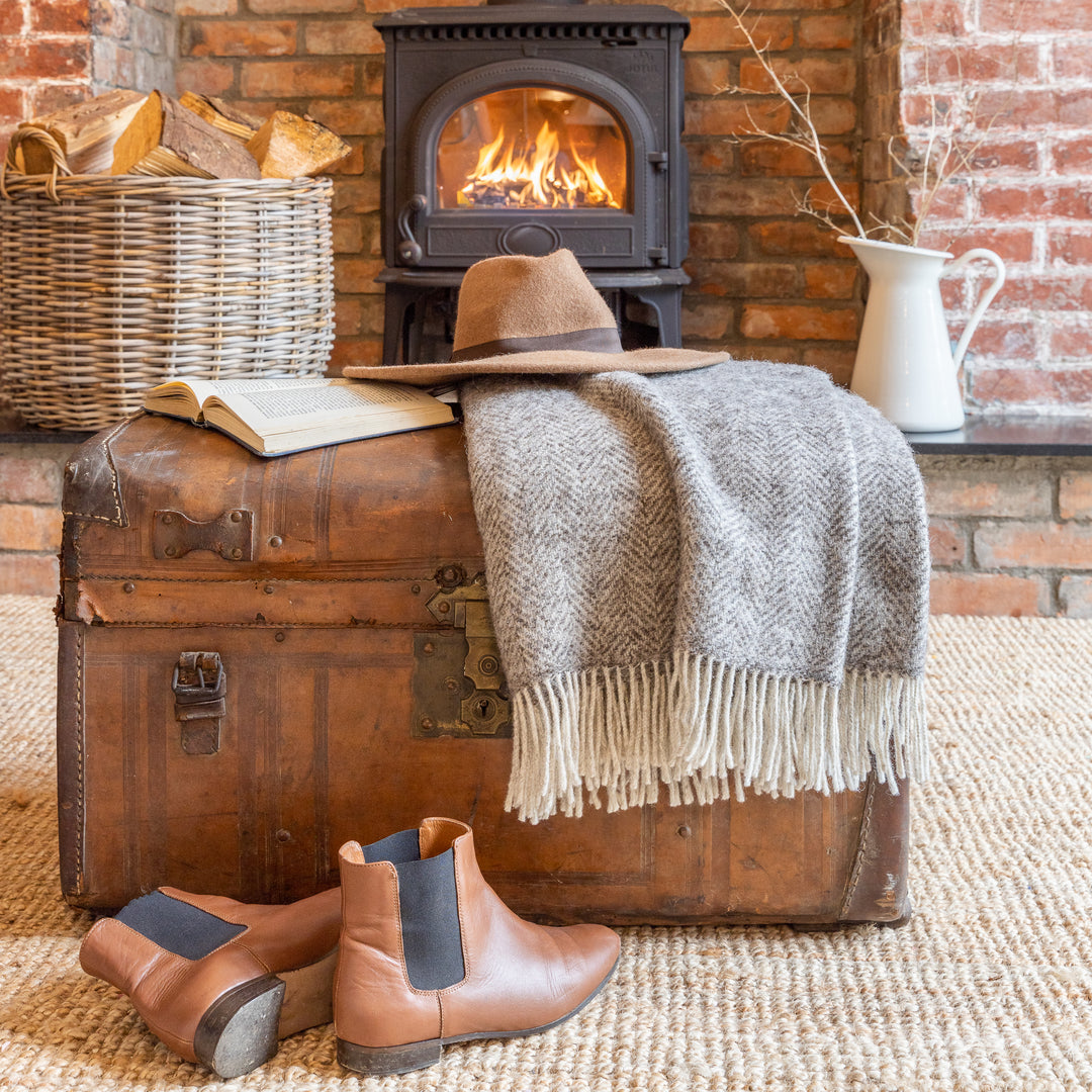 100% Pure Wool Undyed Natural Pale Grey  Herringbone Throw