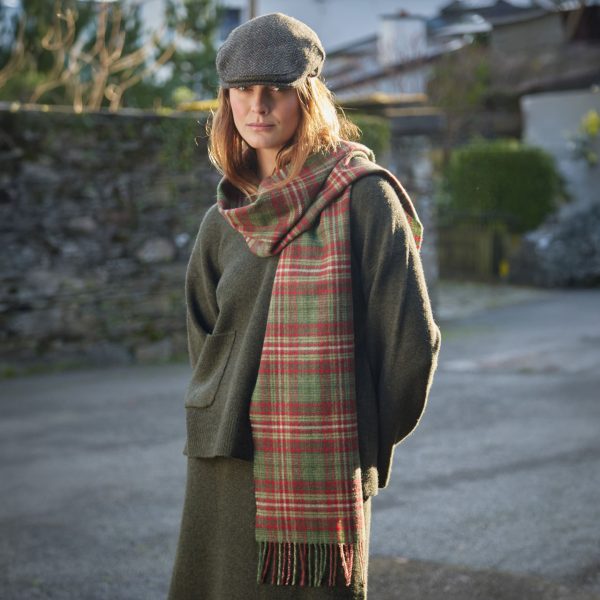 Lambswool Scarf in Mixed Greens and Red Check
