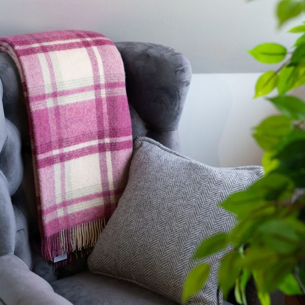 Large Wool Blanket Throw in Natural, Pink Plaid