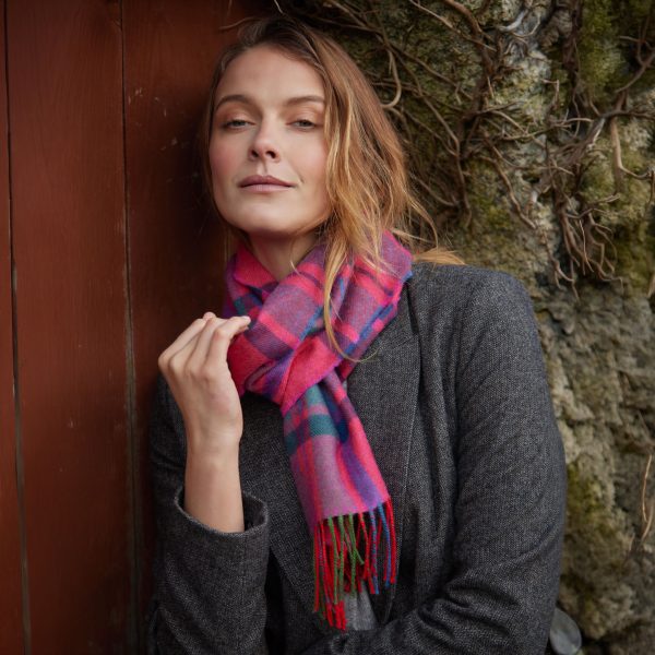 Merino Scarf in Pink,Slate,Navy Blue Check