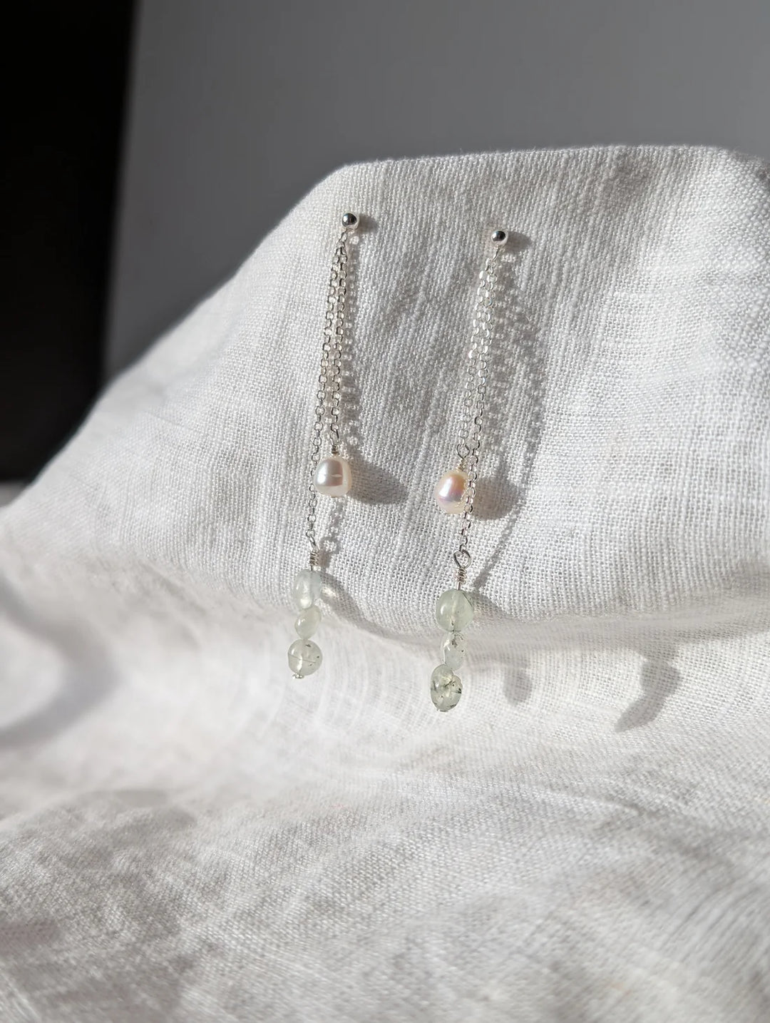 Moss Agate And Pearl Chain Drop Studs Silver